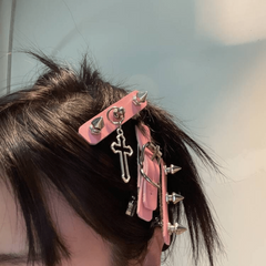 Metal Leather Hair Clip With Cross Pendant Side Clip Y2K Hair Accessories