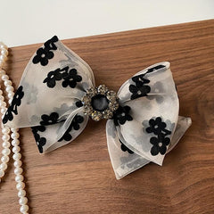 Floral Print Bow Hair Clip Rhinestone Decor Headwear Hair Accessory