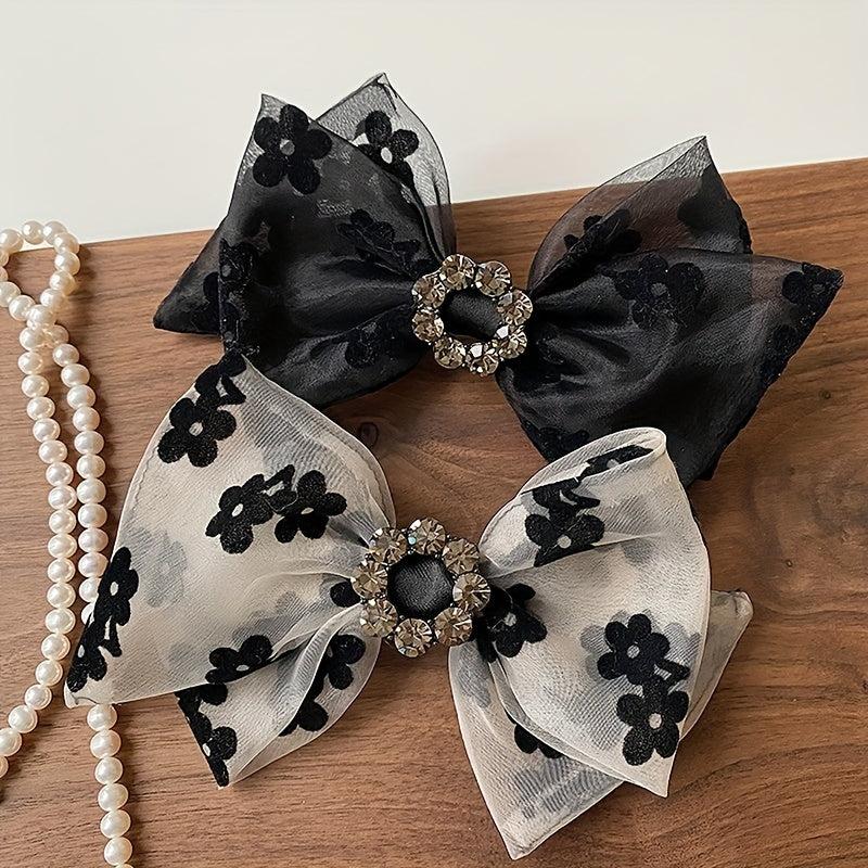 Floral Print Bow Hair Clip Rhinestone Decor Headwear Hair Accessory
