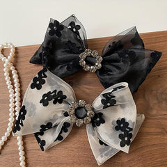 Floral Print Bow Hair Clip Rhinestone Decor Headwear Hair Accessory