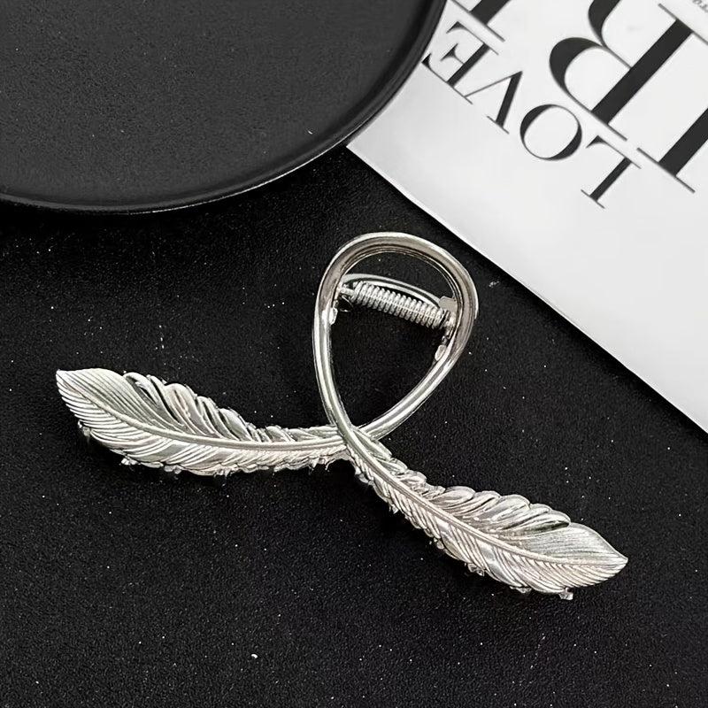Metal Feather Hair Claw Clip Non Slip Strong Hold Silvery Hair Jaw Clip