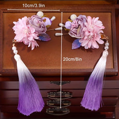 Chinese Flower Hair Clip with Tassel & Faux Pearl Retro Accessory