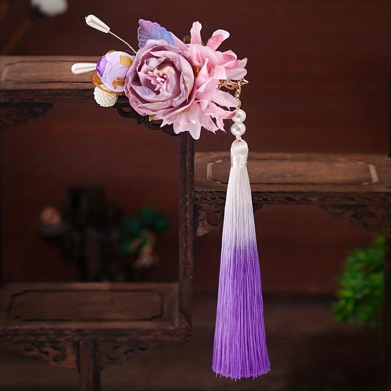 Chinese Flower Hair Clip with Tassel & Faux Pearl Retro Accessory