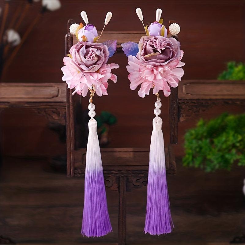 Chinese Flower Hair Clip with Tassel & Faux Pearl Retro Accessory