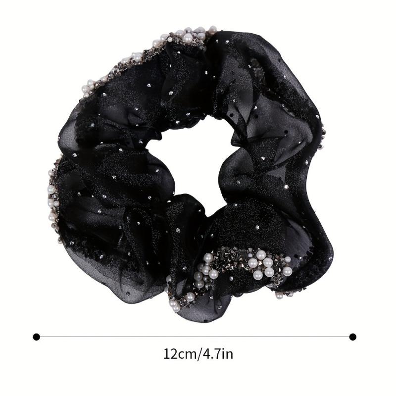 Pearl Crystal Organza Hair Tie Scrunchie Ponytail Holder Women Hair Accessories