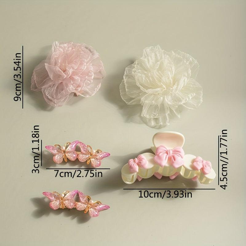 5pcs Sweet Hair Accessories Set Organza Flower Hair Clip Butterfly Shaped Duck