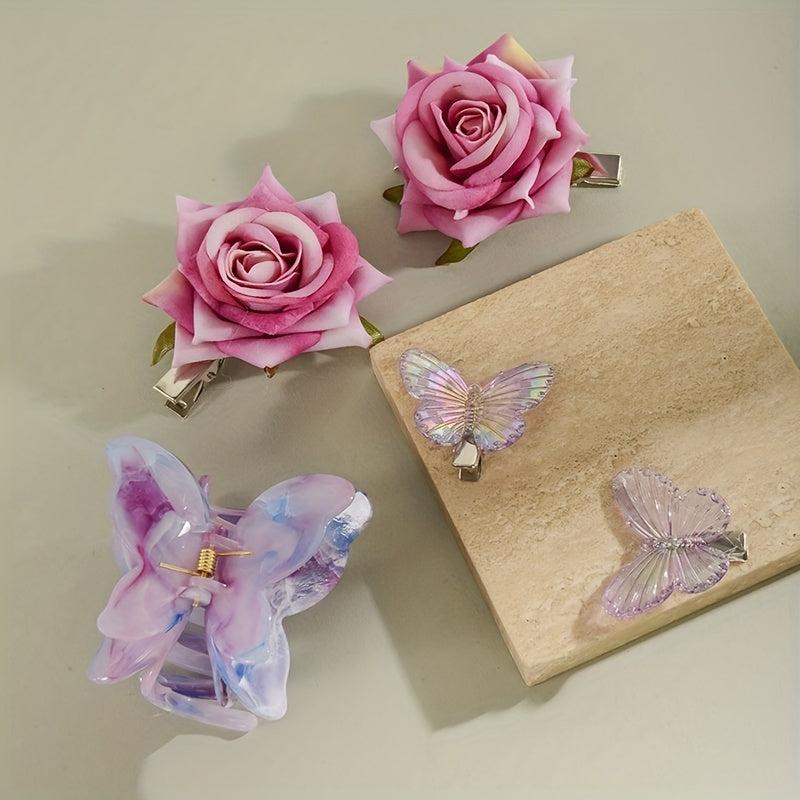 2pcs Butterfly Rose Flower Hair Clip Hair Barrette Hair Slides Clip Corsage Broo