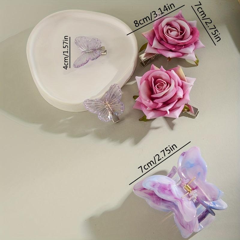 2pcs Butterfly Rose Flower Hair Clip Hair Barrette Hair Slides Clip Corsage Broo
