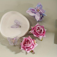 2pcs Butterfly Rose Flower Hair Clip Hair Barrette Hair Slides Clip Corsage Broo