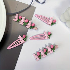 2pcs Rabbit Flower Hair Clip Snap Barrette Summer Hair Slides Clip
