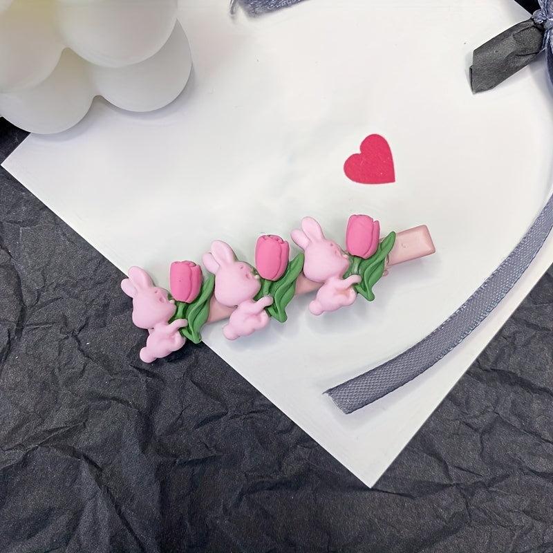 2pcs Rabbit Flower Hair Clip Snap Barrette Summer Hair Slides Clip