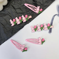 2pcs Rabbit Flower Hair Clip Snap Barrette Summer Hair Slides Clip