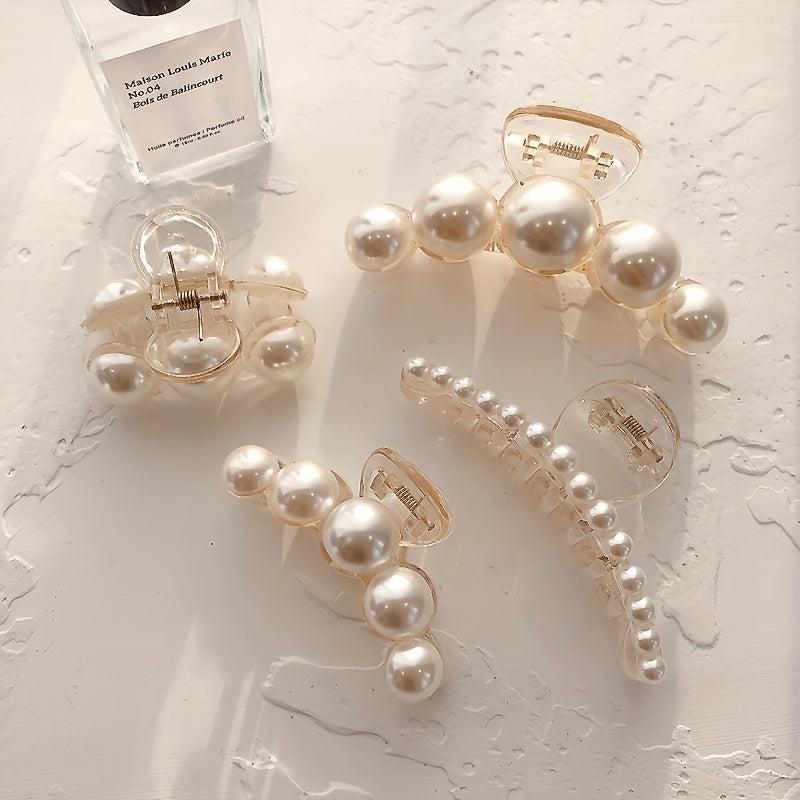 4pcs Faux Pearl Hair Claw Clip Strong Hold Ponytail Banana Clip