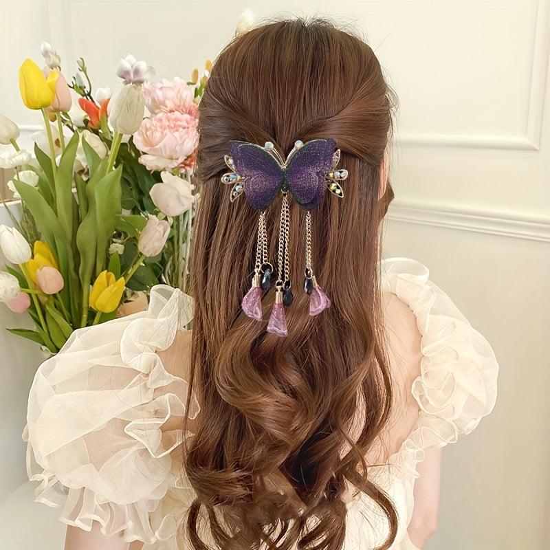 Glitter Butterfly Hair Claw Clip Rhinestone Tassel Banana Clip