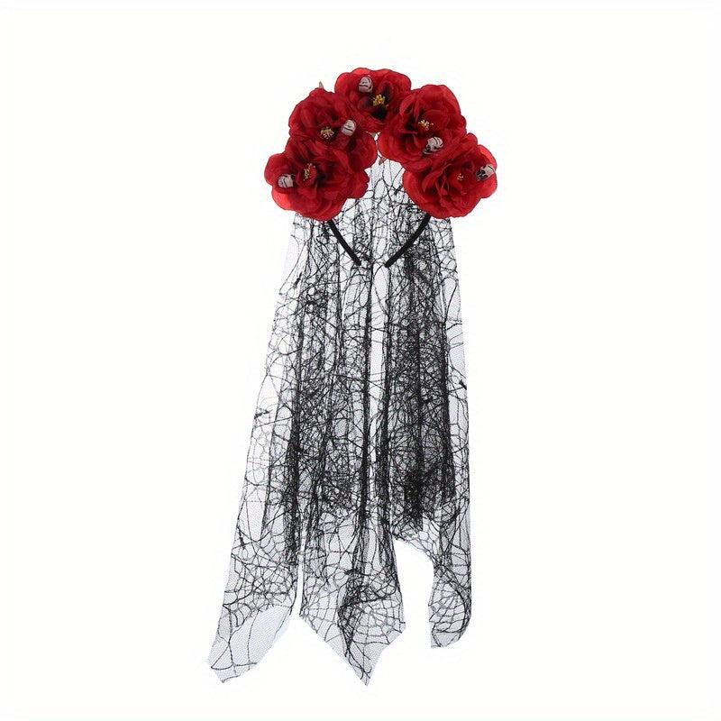Peony Flower Mesh Hair Band With Veil Ghost Bride Hair Accessories