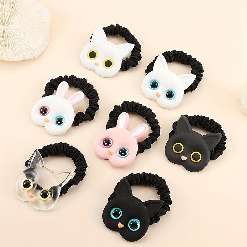 7pcs Cartoon Cat Scrunchies Large Eyes Hair Tie Sweet Ponytail Holder Hair Rope