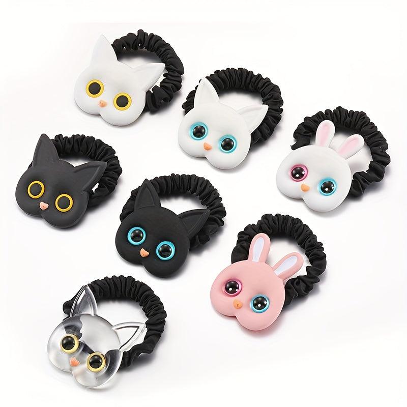 7pcs Cartoon Cat Scrunchies Large Eyes Hair Tie Sweet Ponytail Holder Hair Rope