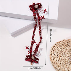 Red Flower Bow Decor Hair Clip Set Beaded Tassel Wedding Bridal Hair Clip