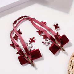 Red Flower Bow Decor Hair Clip Set Beaded Tassel Wedding Bridal Hair Clip