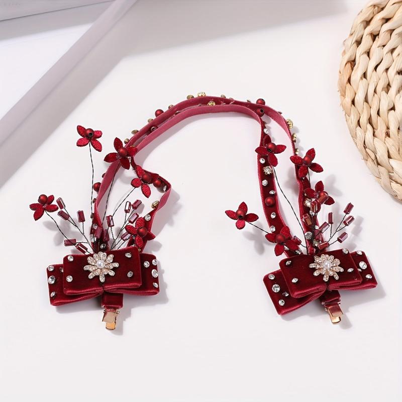 Red Flower Bow Decor Hair Clip Set Beaded Tassel Wedding Bridal Hair Clip