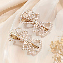 2pcs Faux Pearl Hair Clip Hollow Bow Decor Duck Billed Clip Alloy Hair Clip