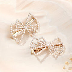 2pcs Faux Pearl Hair Clip Hollow Bow Decor Duck Billed Clip Alloy Hair Clip