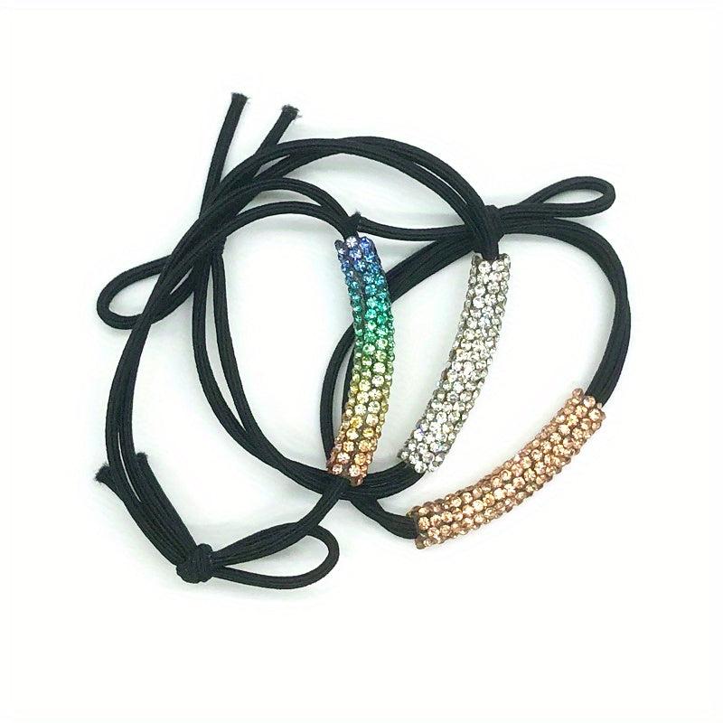 3pcs Rhinestone Hair Elastics Woven Stretchy Rubber Bands Ponytail Holder