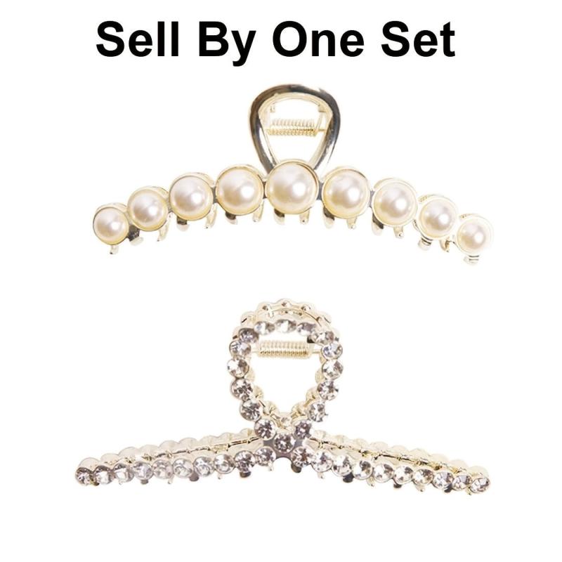 Vintage Metal Rhinestone Hair Claw Clips Large Size Pearl Hair Jaw Clips
