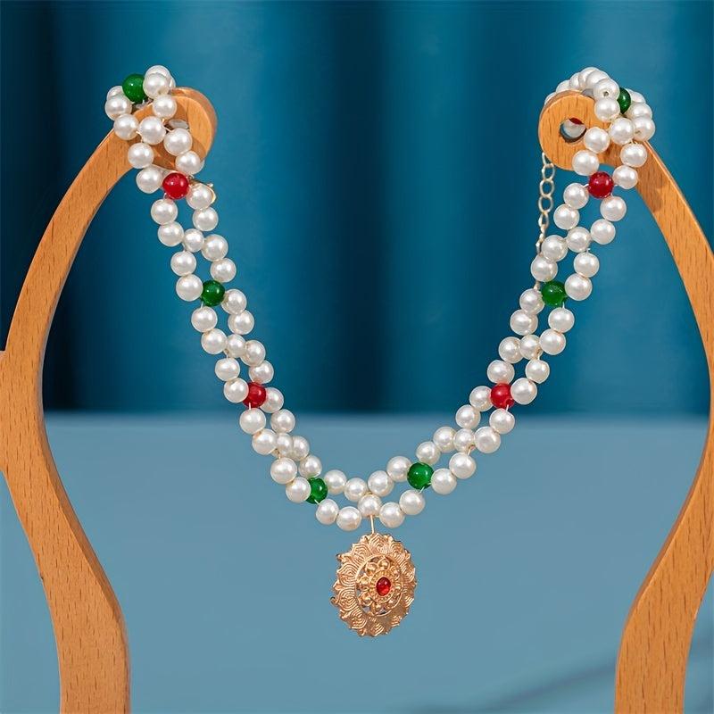 Faux Pearl Necklace with Pendant Forehead Chain