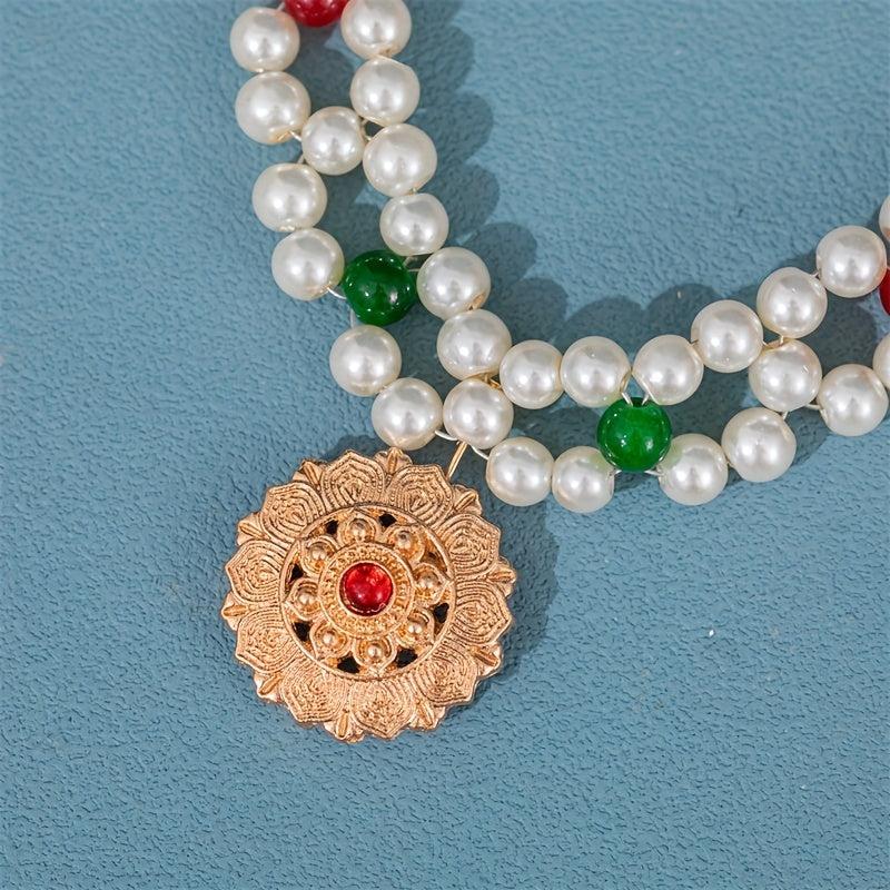 Faux Pearl Necklace with Pendant Forehead Chain