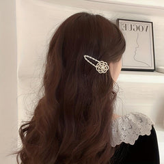 Faux Pearl Camellia Hair Clip Enamel Flower Headwear