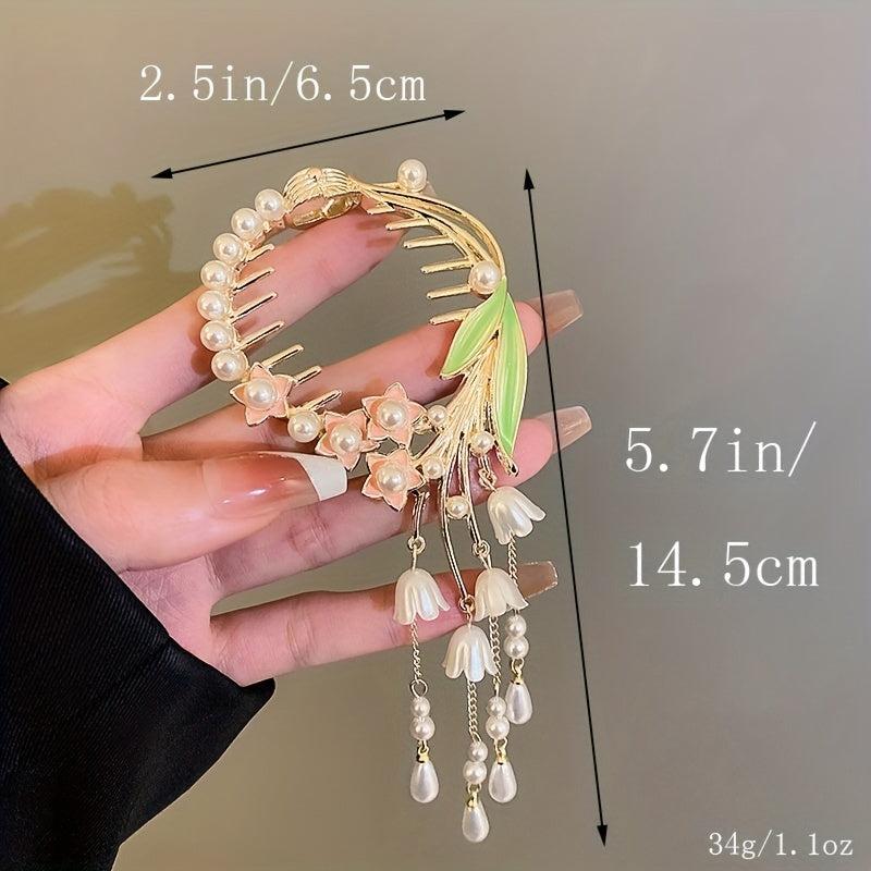 Women's Lily Of The Valley Hair Clip Faux Pearl Tassel Head Alloy Po