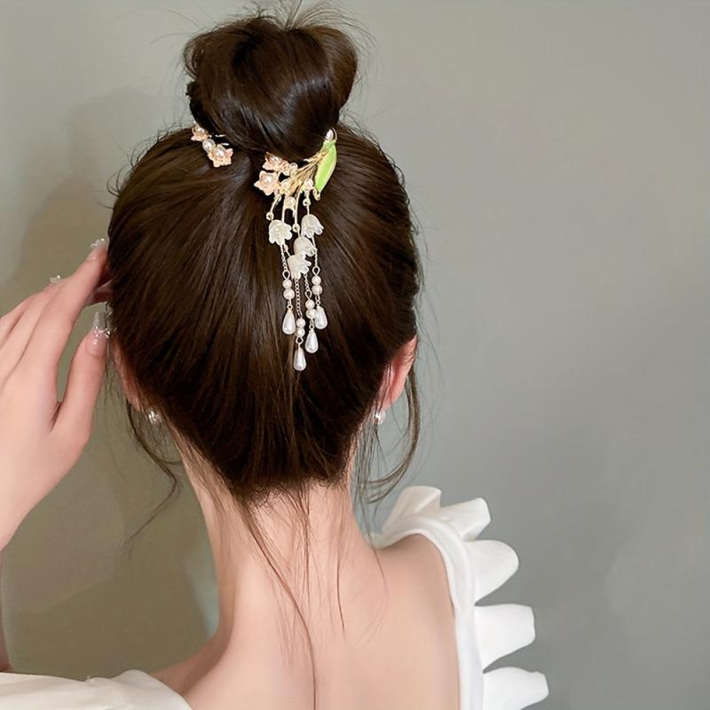 Women's Lily Of The Valley Hair Clip Faux Pearl Tassel Head Alloy Po
