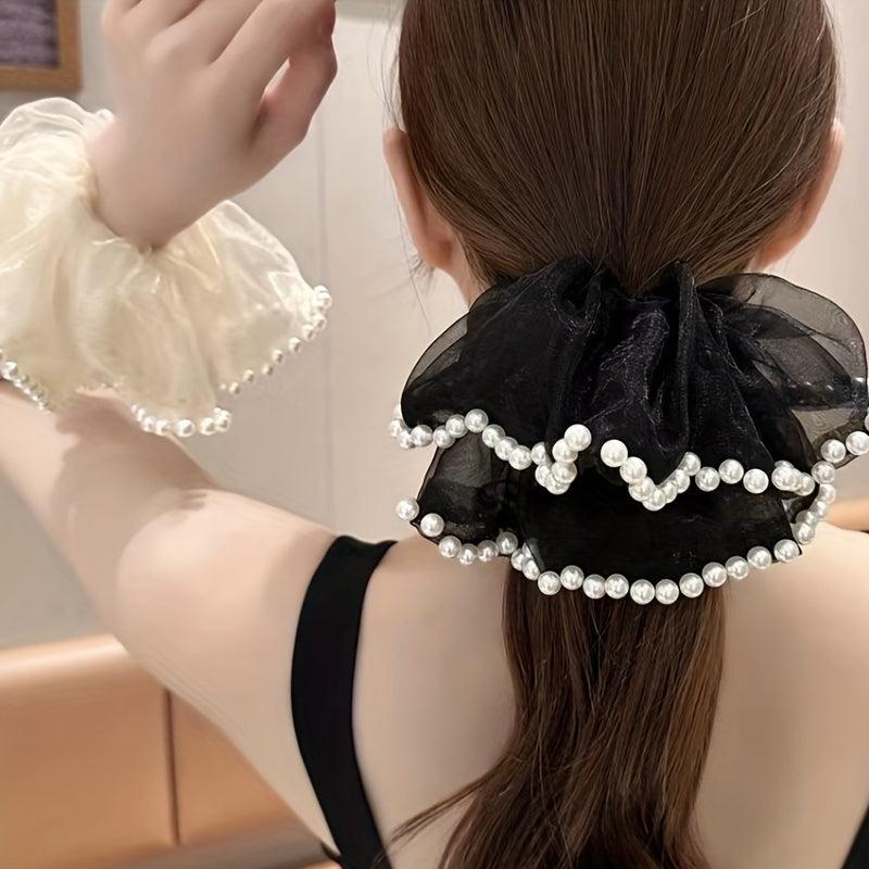 Organza Scrunchies with Faux Pearl Brim Ponytail Holder
