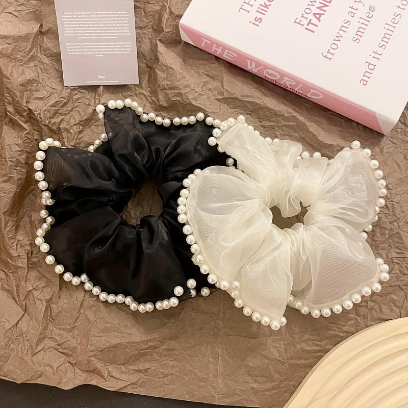 Organza Scrunchies with Faux Pearl Brim Ponytail Holder