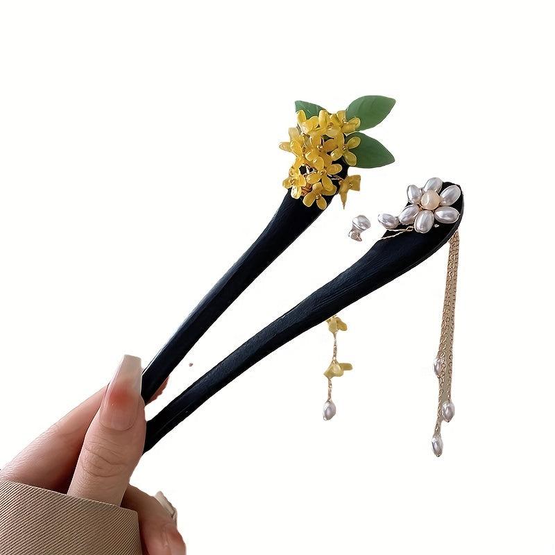 Chinese Style Flower Wooden Hair Stick with Faux Pearl Pendant