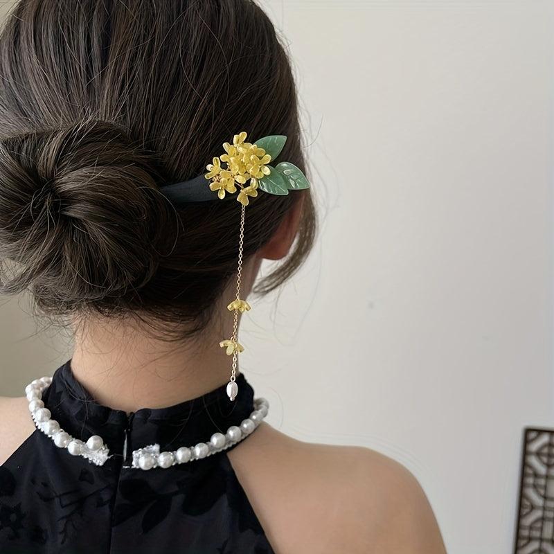 Chinese Style Flower Wooden Hair Stick with Faux Pearl Pendant