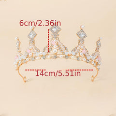 Golden Crystal Tiara Princess Faux Pearl Crown Headband For Bridal Wedding