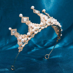 Golden Crystal Tiara Princess Faux Pearl Crown Headband For Bridal Wedding