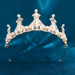 Golden Crystal Tiara Princess Faux Pearl Crown Headband For Bridal Wedding