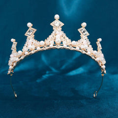 Golden Crystal Tiara Princess Faux Pearl Crown Headband For Bridal Wedding