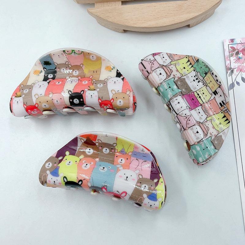 Women Cartoon Animal Hair Claw Acrylic Cat Bear Pattern Nonslip Ponytail Holder