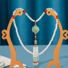 Faux Pearl Beaded Necklace with Faux Jade Pendant Chinese Style Ornament