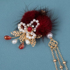 Vintage Cheongsam Hair Clip with Faux Pearl Fur Ball