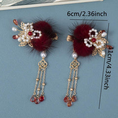 Vintage Cheongsam Hair Clip with Faux Pearl Fur Ball