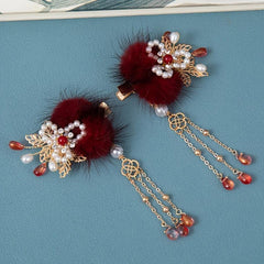 Vintage Cheongsam Hair Clip with Faux Pearl Fur Ball