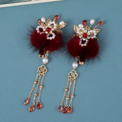 Vintage Cheongsam Hair Clip with Faux Pearl Fur Ball