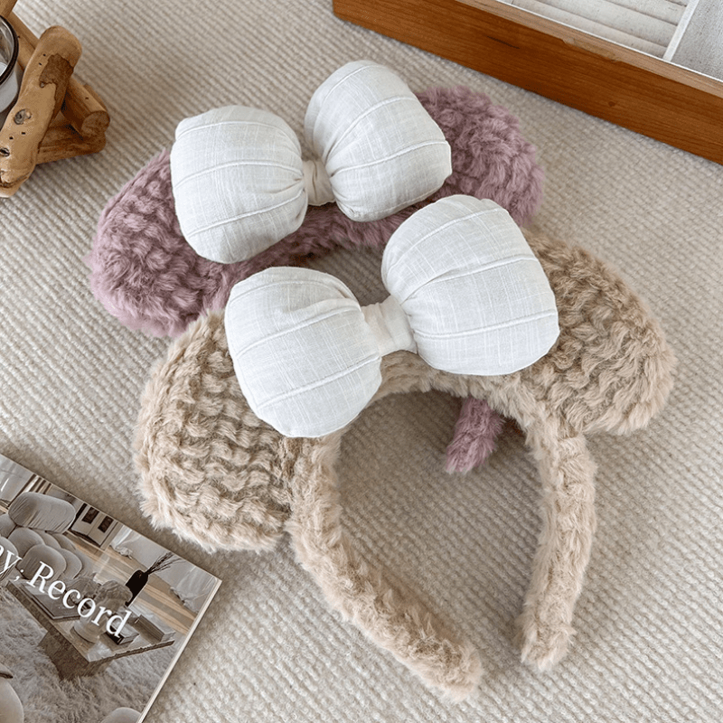 Plush Bow Bear Ears Decor Headband Fluffy Hair Band for Girls Women