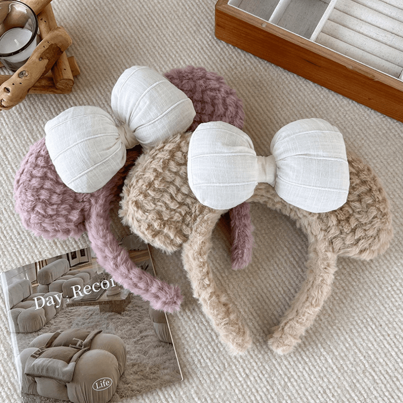 Plush Bow Bear Ears Decor Headband Fluffy Hair Band for Girls Women