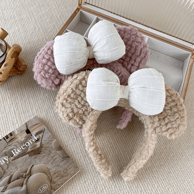 Plush Bow Bear Ears Decor Headband Fluffy Hair Band for Girls Women